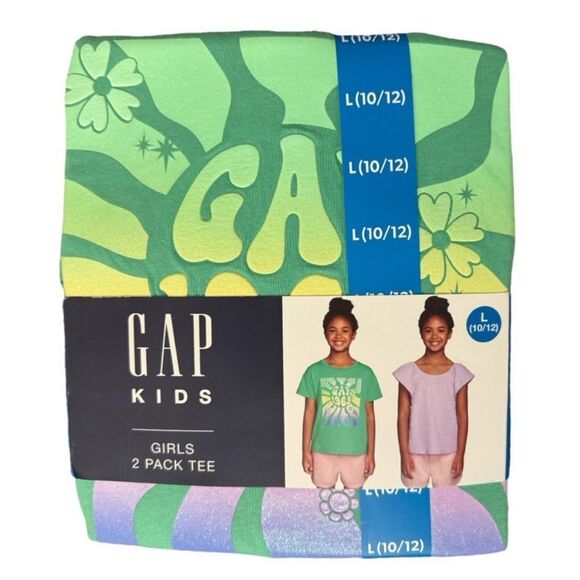GAP Kids Girls 2 Pack T-shirts Green and Purple  Large 10/12 Green Orchid Bloom - Picture 1 of 5
